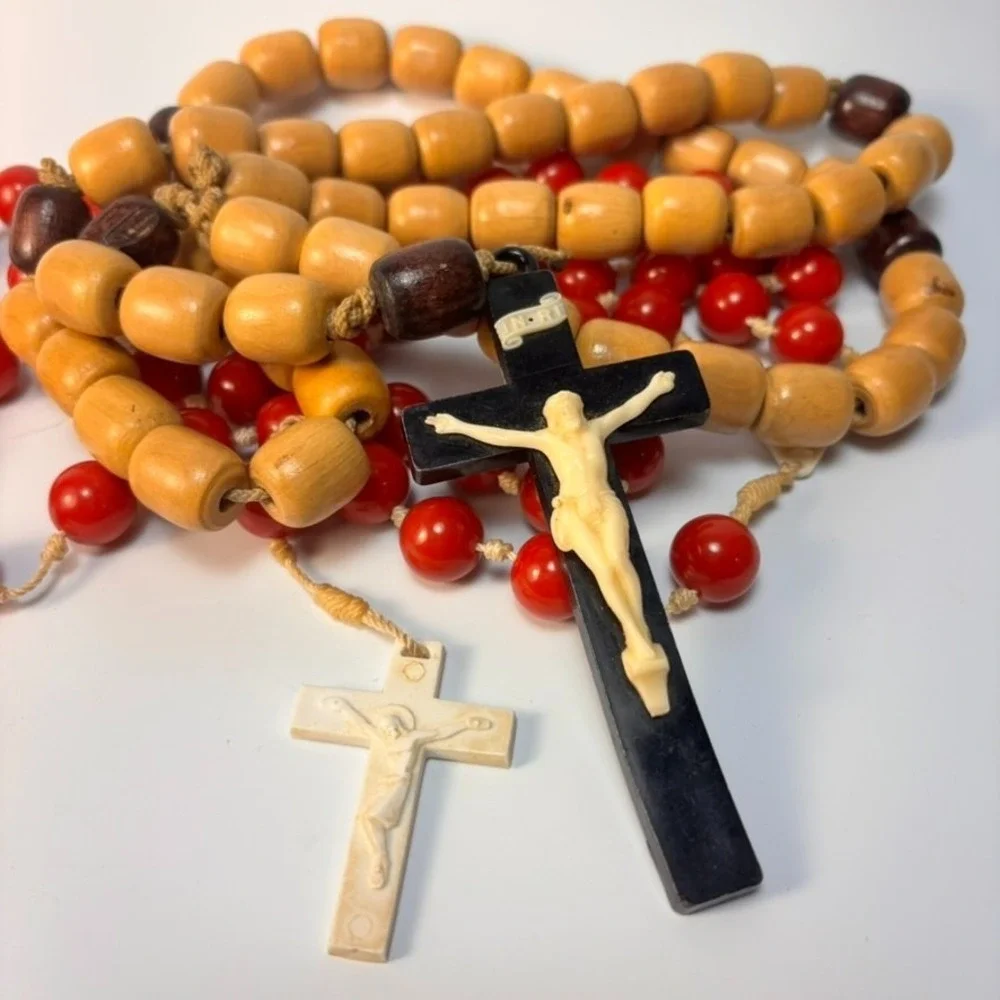 Vintage Wall Rosary Lot‎ Wood Acrylic 33 in Hand Tied